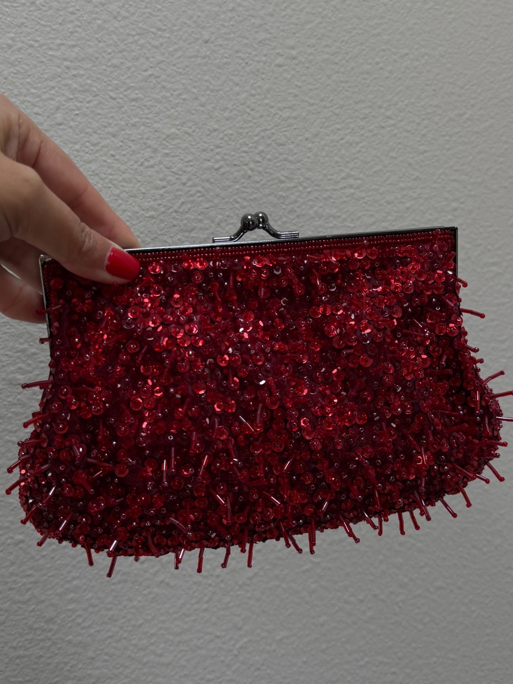 red sequin / satin clutch